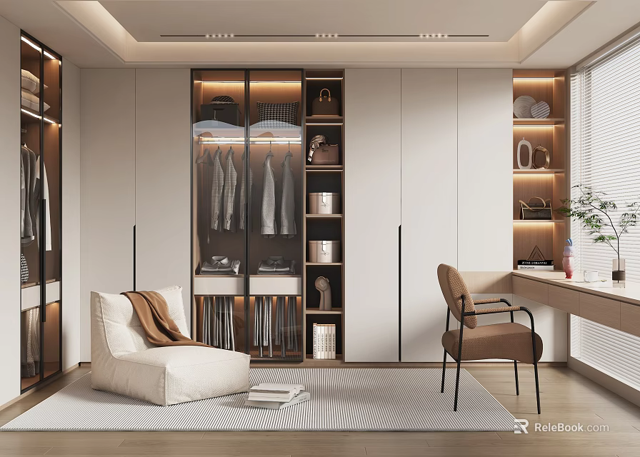 Modern Walk In Closet With Built In Storage And Seating Area 3d model 