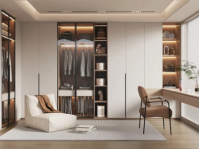 Modern Walk In Closet With Built In Storage And Seating Area 3d model