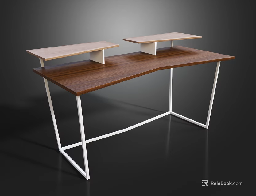 Modern Wooden Desk With Curved Desktop White Metal Frame And Two Shelves 3d model 