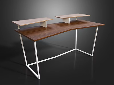 Modern Wooden Desk With Curved Desktop White Metal Frame And Two Shelves 3d model