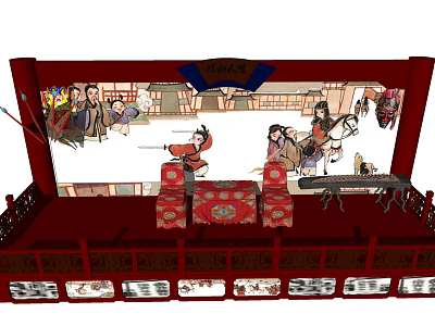 Ancient Architecture Scene Featuring Red Wooden Structure Traditional Decorative Paintings and Figures 3d model