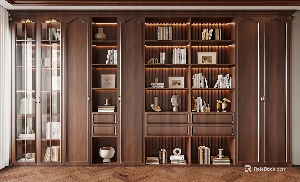 Elegant Wooden Bookcase With Glass Doors And Displayed Books Decorative Items Photo Frames Vases 3d model 