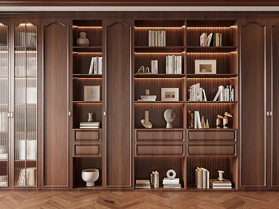 Elegant Wooden Bookcase With Glass Doors And Displayed Books Decorative Items Photo Frames Vases 3d model
