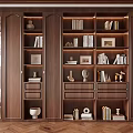 Elegant Wooden Bookcase With Glass Doors And Displayed Books Decorative Items Photo Frames Vases