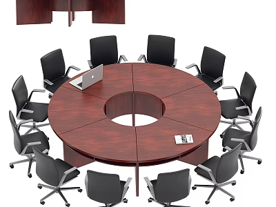 Round Mahogany Conference Table with Central Circular Cutout Black Office Chairs and Laptop 3d model