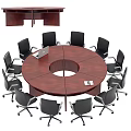 Round Mahogany Conference Table with Central Circular Cutout Black Office Chairs and Laptop
