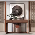 Elegant Wooden Console Table With Bonsai Plant Circular Wall Art Drawer And Geometric Patterned Walls