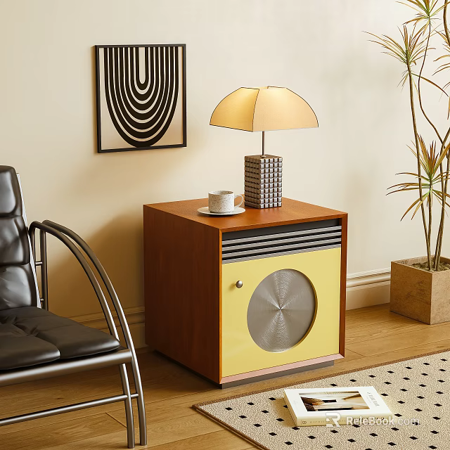 Stylish Wooden Bedside Table Featuring Yellow Panel Lampshade And Coffee Mug 3d model