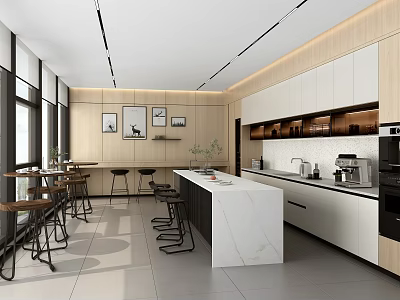 Modern Open Break Room With Wooden Cabinets Marble Countertop Bar Stools Windows And Coffee Machine 3d model