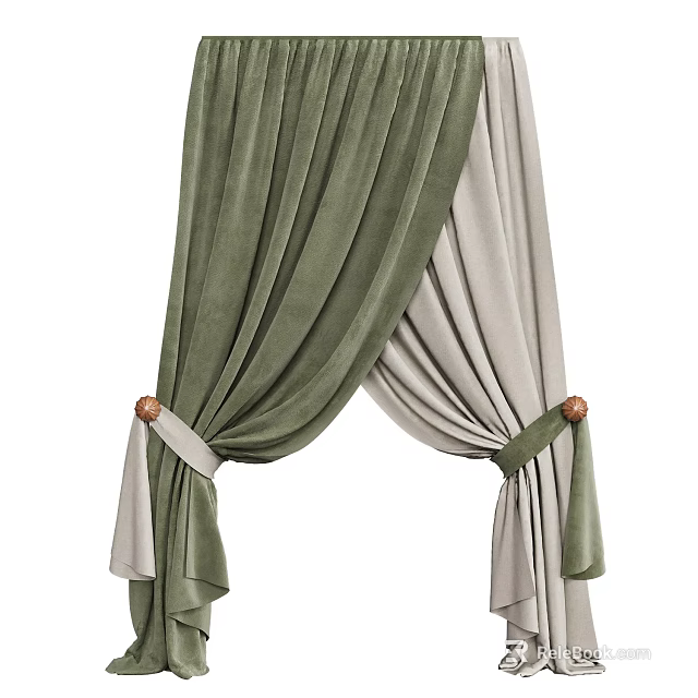 Green and Light Gray Velvet Curtains with Layered Design and Wooden Tiebacks 3d model 