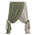 Green and Light Gray Velvet Curtains with Layered Design and Wooden Tiebacks
