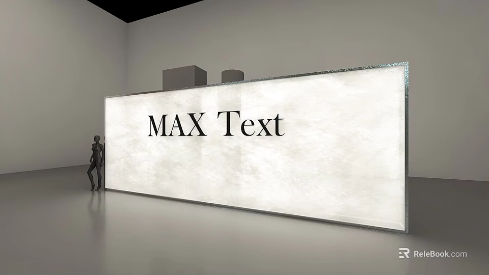 Large White Display Board Featuring MAX Text In Modern Exhibition Hall With Human Figure Stand 3d model 