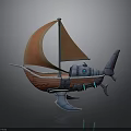 Futuristic Wooden Watercraft With Orange Sail And Sci Fi Thruster Design