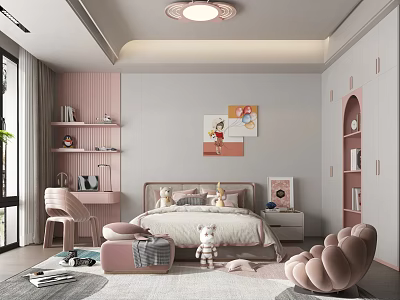 Soft Pink Kids Bedroom Interior With Bed Bookshelves And Decor 3d model