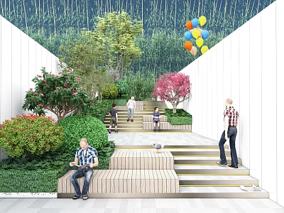 Park Landscape With Stone Steps Lush Green Plants Flowering Trees Wooden Benches And Colorful Balloons 3d model