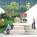 Park Landscape With Stone Steps Lush Green Plants Flowering Trees Wooden Benches And Colorful Balloons