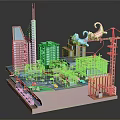 Cartoon City Construction Scene With Colorful Buildings High Rise Structures And Tower Crane