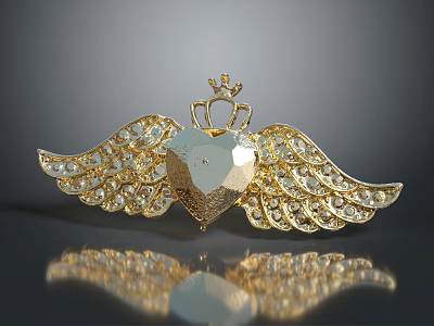 Golden Heart Shaped Brooch With Crown And Wings Encrusted With Diamonds Fashion Accessory 3d model