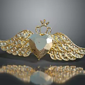 Golden Heart Shaped Brooch With Crown And Wings Encrusted With Diamonds Fashion Accessory