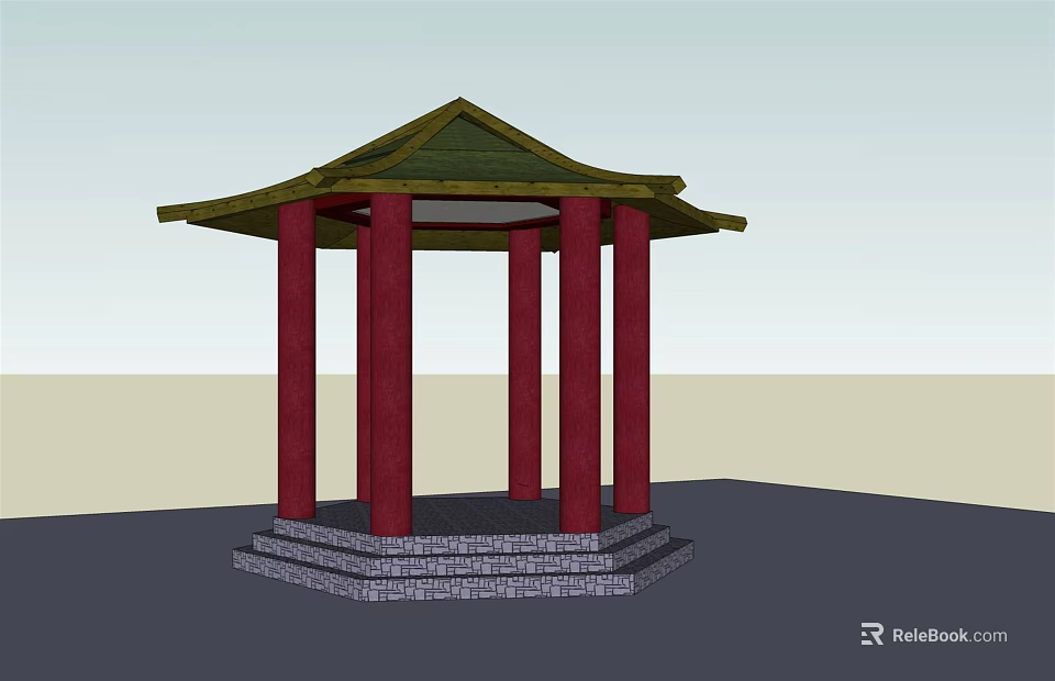 Traditional Pavilion Structure With Green Roof Red Pillars And Stone Base 3d model 
