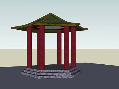 Traditional Pavilion Structure With Green Roof Red Pillars And Stone Base 3d model