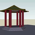 Traditional Pavilion Structure With Green Roof Red Pillars And Stone Base