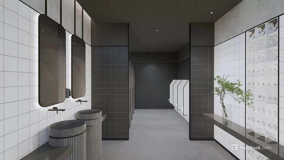 Modern Public Restroom Interior Design With Gray Tiled Walls Sinks Mirrors Stalls And Small Plant 3d model 
