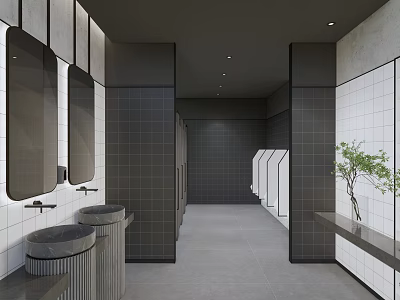 Modern Public Restroom Interior Design With Gray Tiled Walls Sinks Mirrors Stalls And Small Plant 3d model