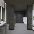Modern Public Restroom Interior Design With Gray Tiled Walls Sinks Mirrors Stalls And Small Plant
