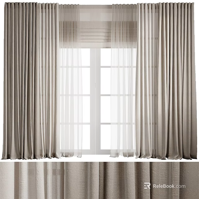 Elegant Layered Gray And White Window Curtains With Soft Textured Fabric 3d model 