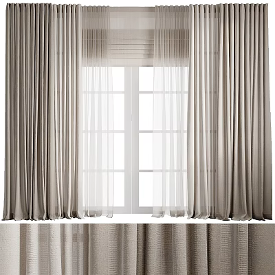 Elegant Layered Gray And White Window Curtains With Soft Textured Fabric 3d model