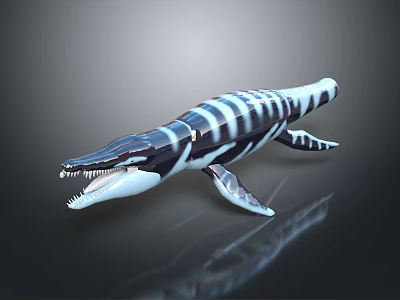 3D Ichthyosaur Model With Black and White Stripes Open Mouth Sharp Teeth Dark Reflective Background 3d model