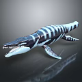 3D Ichthyosaur Model With Black and White Stripes Open Mouth Sharp Teeth Dark Reflective Background
