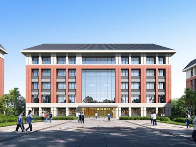 School Building Featuring Red Brick Exterior Large Glass Windows Black Roof Front Plaza And Students 3d model