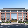 School Building Featuring Red Brick Exterior Large Glass Windows Black Roof Front Plaza And Students