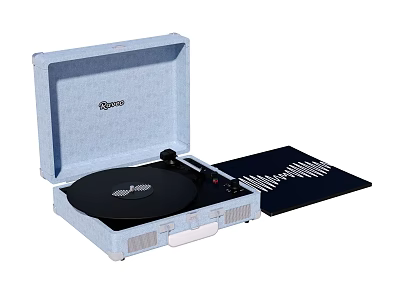 Light Blue Portable Turntable Speaker With Open Case And Vinyl Record 3d model