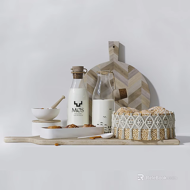 Essential Stylish Kitchen Utensils with Wooden Board Glass Bottles Ceramic Bowl and Woven Basket 3d model 