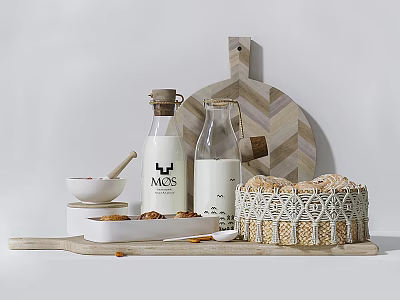 Essential Stylish Kitchen Utensils with Wooden Board Glass Bottles Ceramic Bowl and Woven Basket 3d model