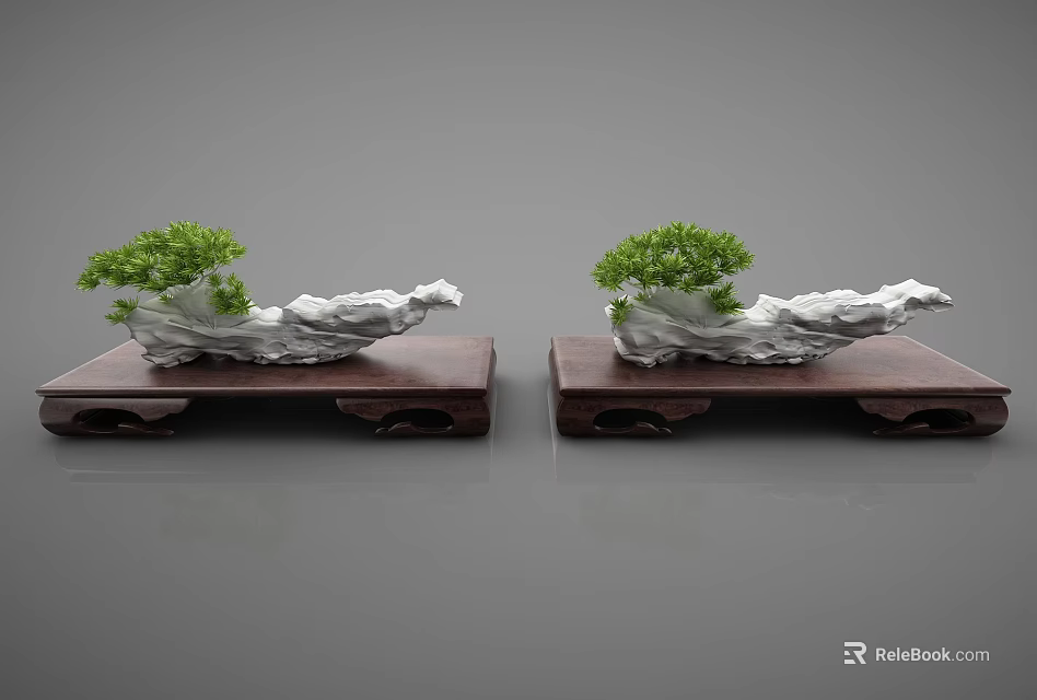 Bonsai Plant With Lush Green Foliage On Dark Wooden Base And Decorative Pot 3d model 