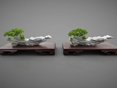 Bonsai Plant With Lush Green Foliage On Dark Wooden Base And Decorative Pot 3d model