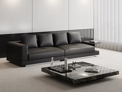 Modern Living Room Interior With Black Leather Sofa And Glass Coffee Table 3d model