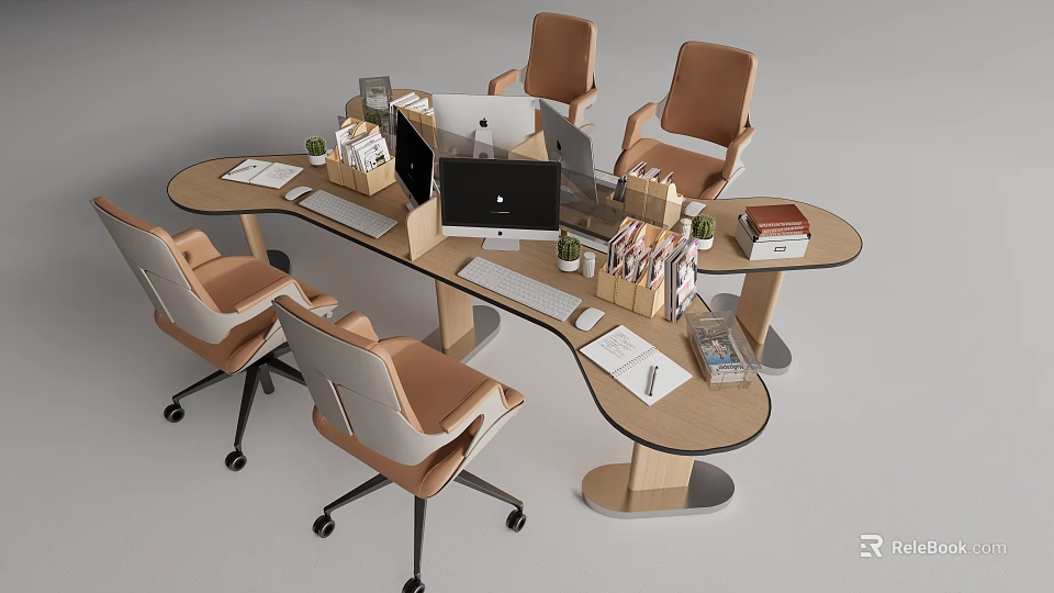 Modern Office Desk with Curved Design Ergonomic Brown Chairs Office Supplies Potted Plants Computer Monitors 3d model 