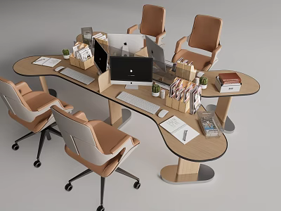 Modern Office Desk with Curved Design Ergonomic Brown Chairs Office Supplies Potted Plants Computer Monitors 3d model