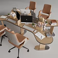 Modern Office Desk with Curved Design Ergonomic Brown Chairs Office Supplies Potted Plants Computer Monitors