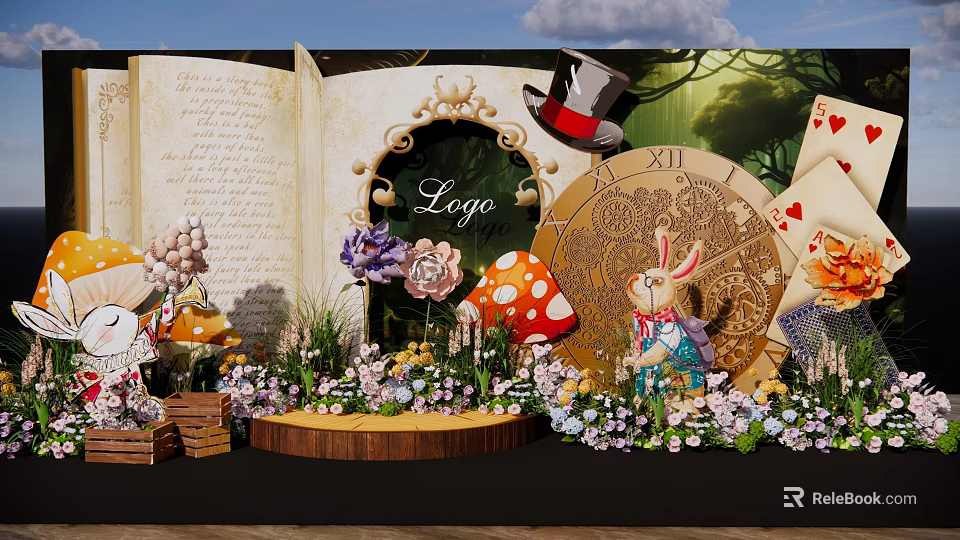 Whimsical Stage With Open Book Ornate Mirror Top Hat Mushrooms Rabbit Playing Cards And Flowers 3d model 