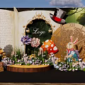 Whimsical Stage With Open Book Ornate Mirror Top Hat Mushrooms Rabbit Playing Cards And Flowers