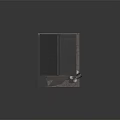Cartoon Scene of Brick Shed with Dark Roof Open Wooden Doors and Metal Barrels