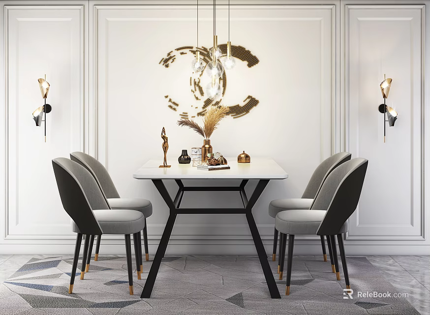 Elegant Dining Table Set With Grey Chairs Gold Legs And White Tabletop 3d model