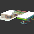 Cartoon Scene Of Gas Station With White Building Green Roof Fuel Pumps And Reflection