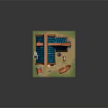 Cartoon House Scene With Blue Roof Orange Eaves Beige Walls Round Windows And Small Boat